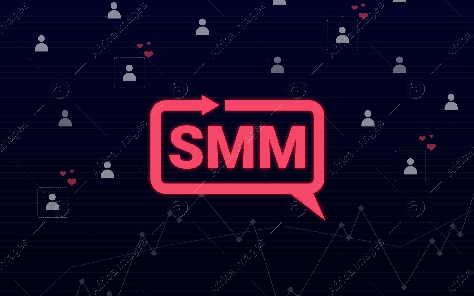 Illustration of Abbreviation SMM (Social media marketing) on black background, illustration