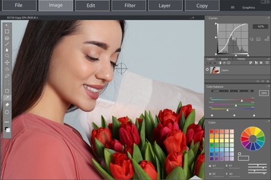 Image of Professional photo editor application.  woman with red tulips