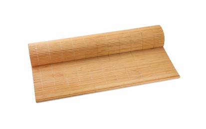 Photo of New rolled bamboo mat isolated on white