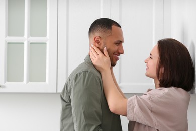 Photo of Dating agency. Lovely couple spending time together indoors, space for text