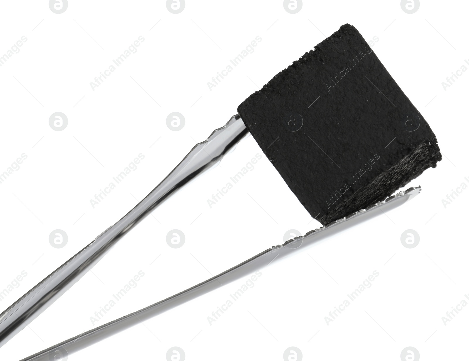 Photo of Tongs with charcoal cube for hookah on white background