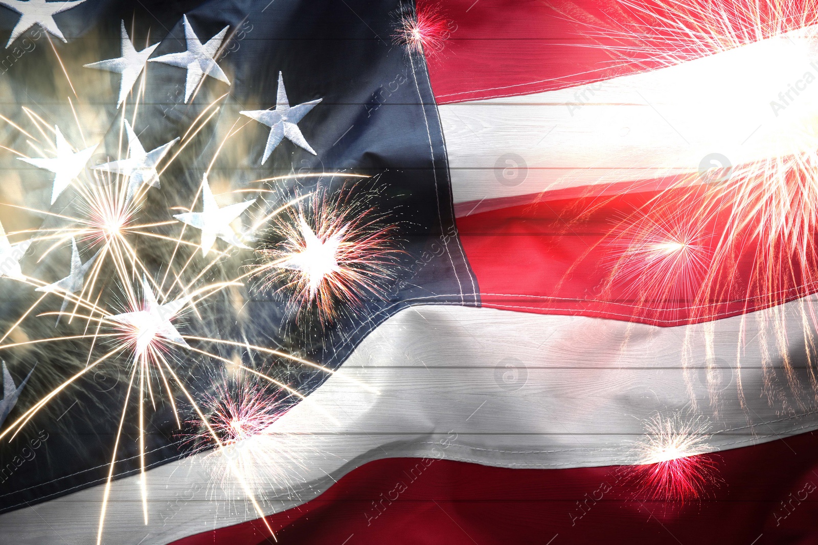 Image of Independence Day of USA. National American flag and fireworks