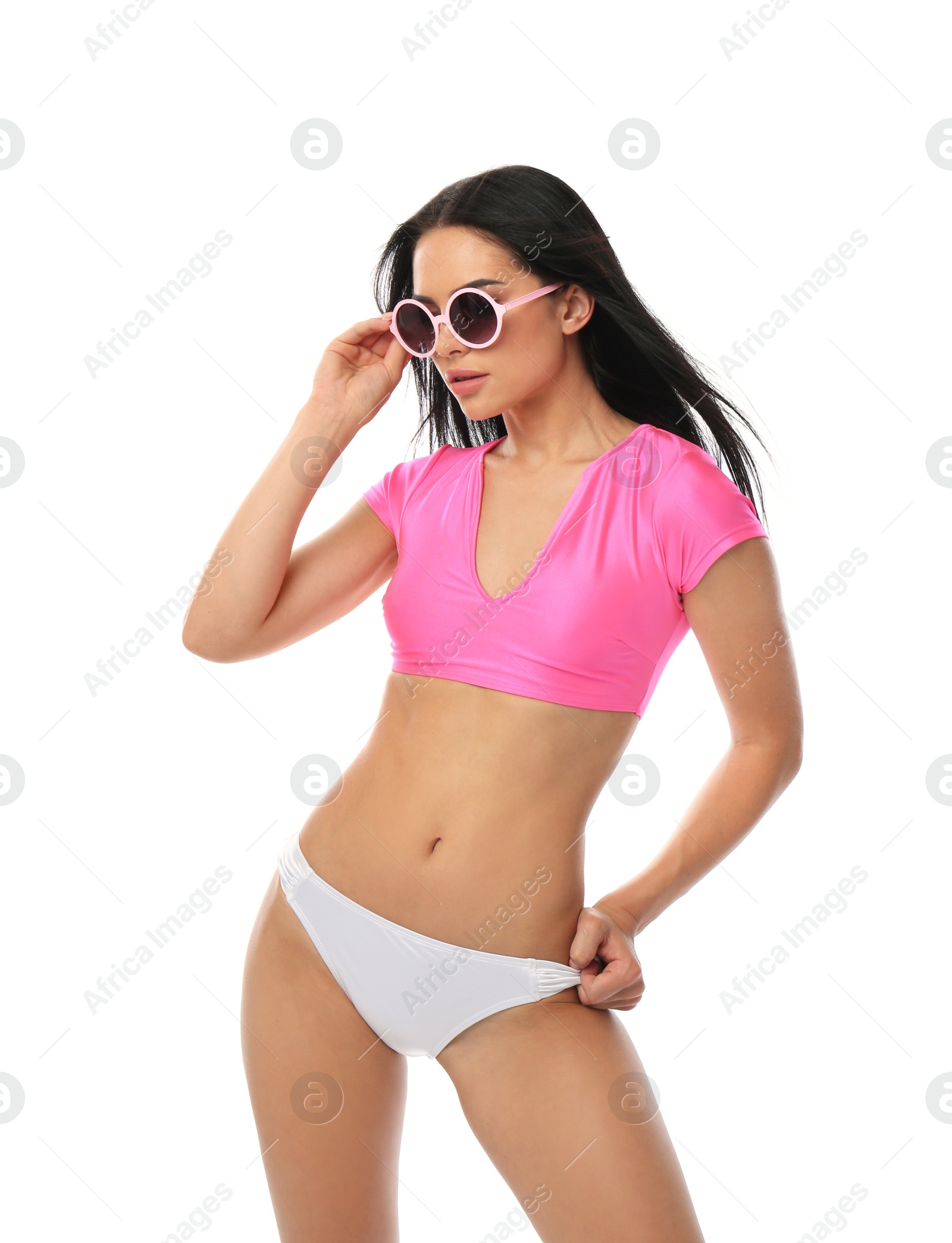 Photo of Beautiful young woman in stylish bikini with sunglasses on white background