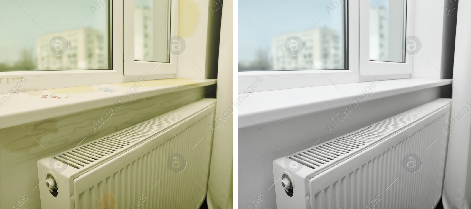 Image of Collage with photos of window sill before and after cleaning