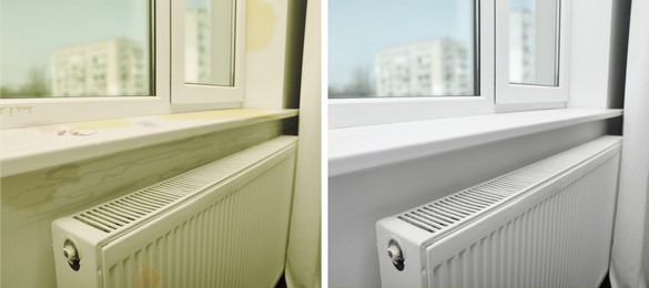 Image of Collage with photos of window sill before and after cleaning