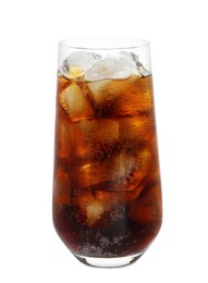 Photo of Glass of refreshing soda drink with ice cubes isolated on white