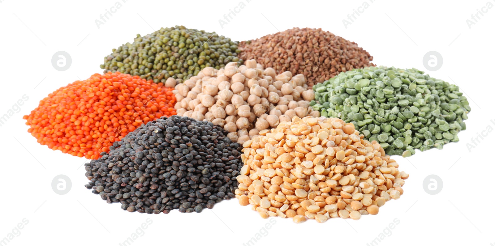 Photo of Different types of legumes and cereals on white background. Organic grains