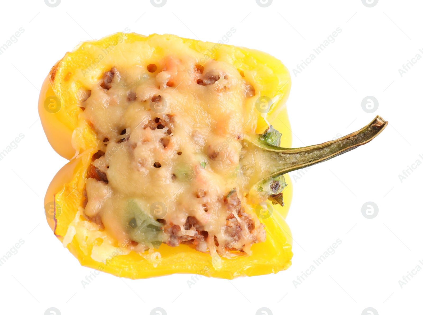 Photo of Tasty stuffed bell pepper isolated on white, top view