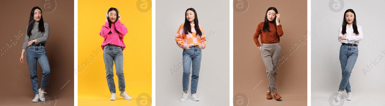 Image of Full length portrait of Asian woman on color backgrounds, set with photos