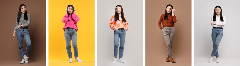 Image of Full length portrait of Asian woman on color backgrounds, set with photos