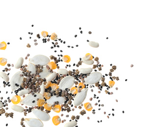Photo of Mix of vegetable seeds on white background, top view