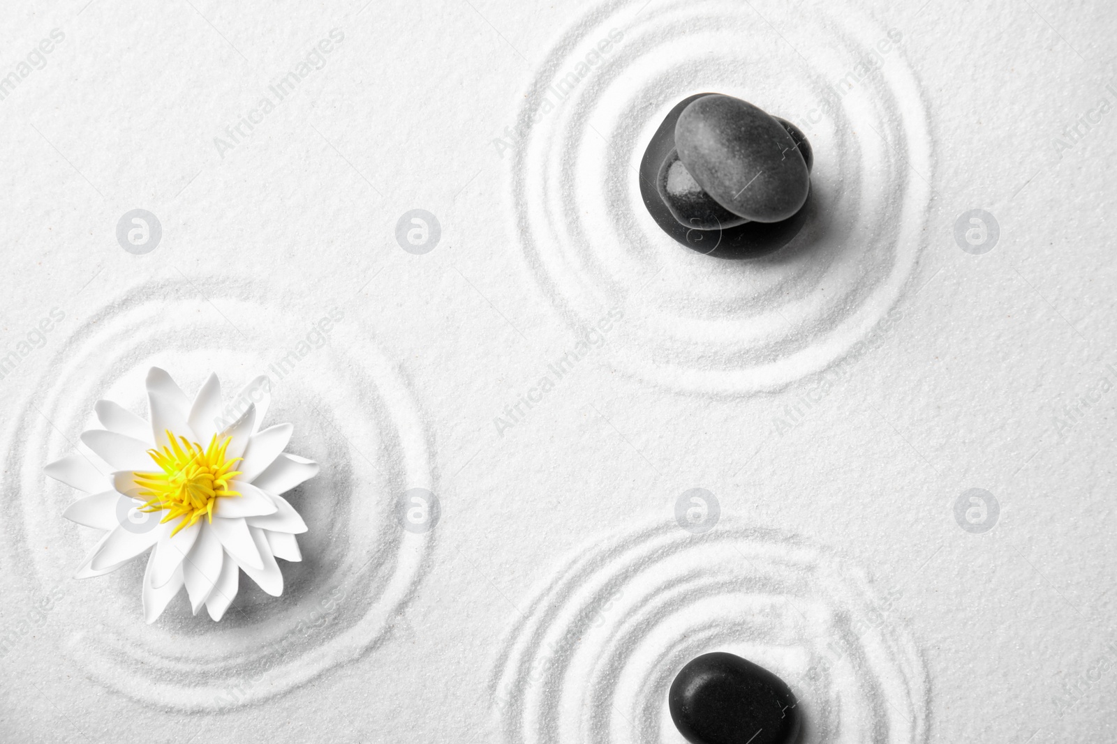 Photo of Zen garden. Beautiful lotus flower and stones on white sand, flat lay