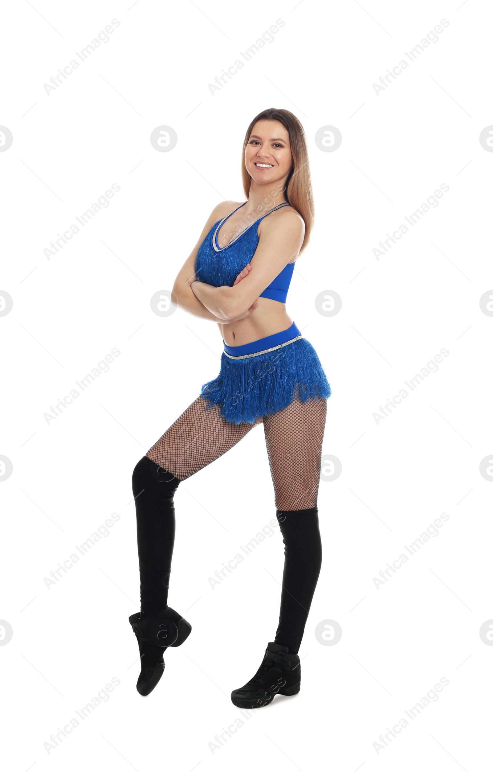 Photo of Beautiful cheerleader in costume on white background