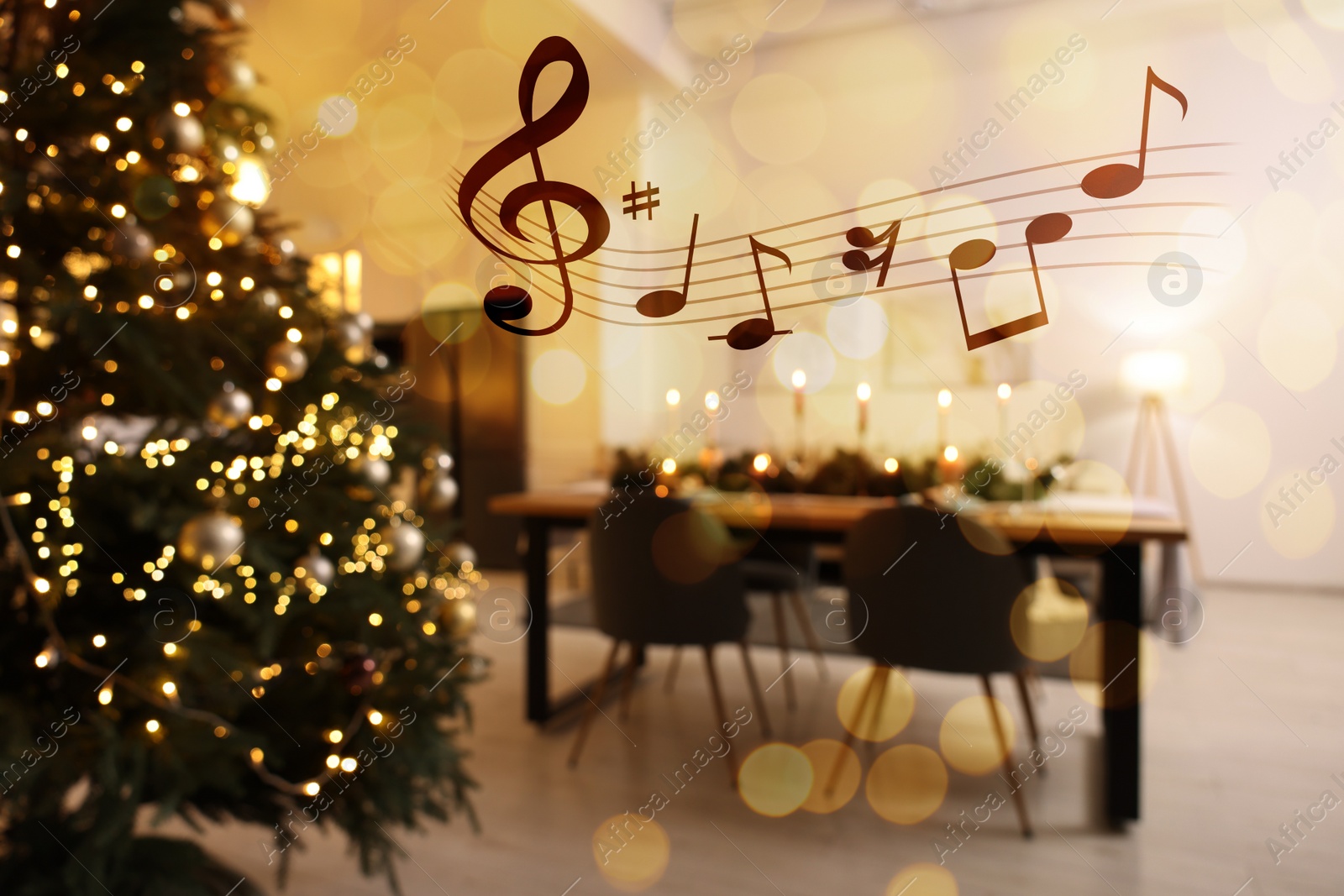 Image of Music notes and blurred view of room decorated for Christmas and New Year celebration, bokeh effect