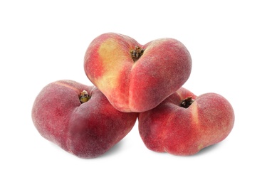 Photo of Fresh ripe donut peaches on white background