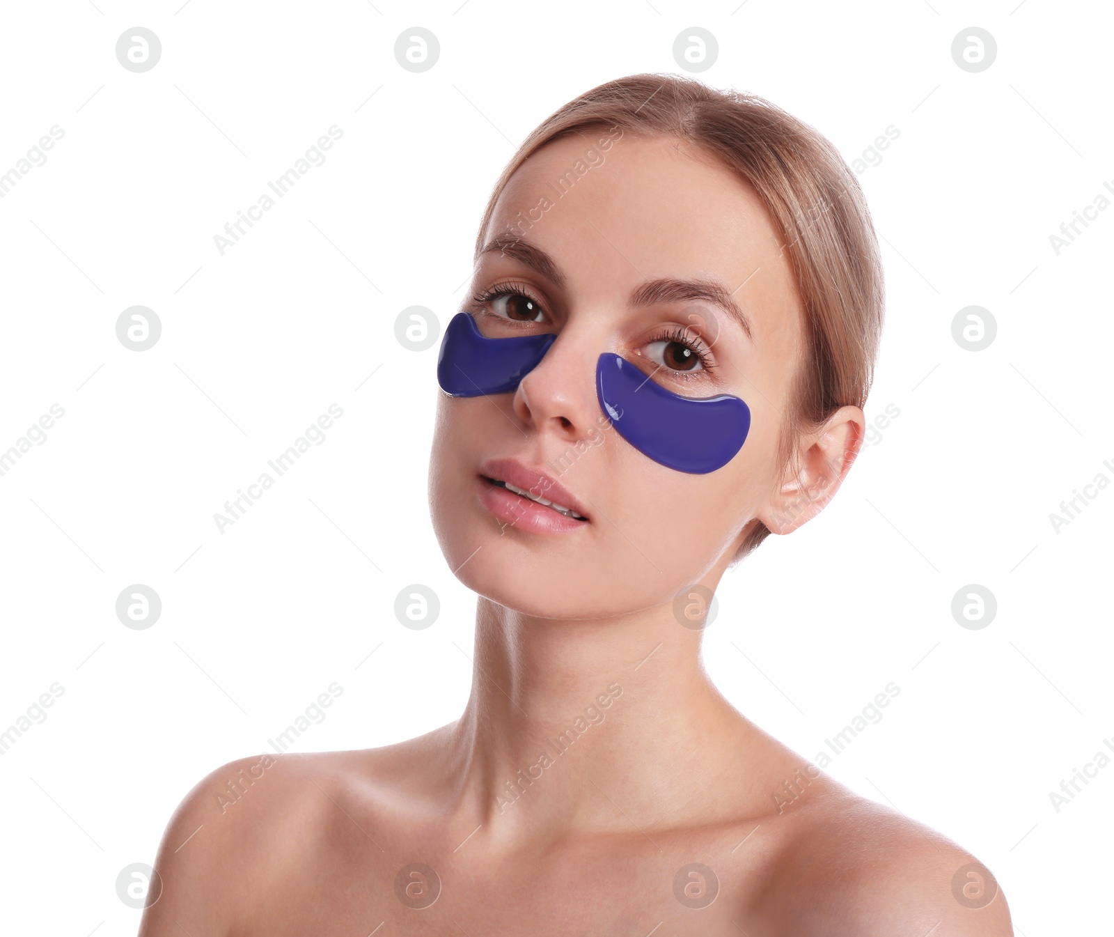 Photo of Beautiful young woman with blue under eye patches on white background