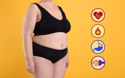 Image of Virtual icons demonstrating different health problems and overweight woman on orange background, closeup