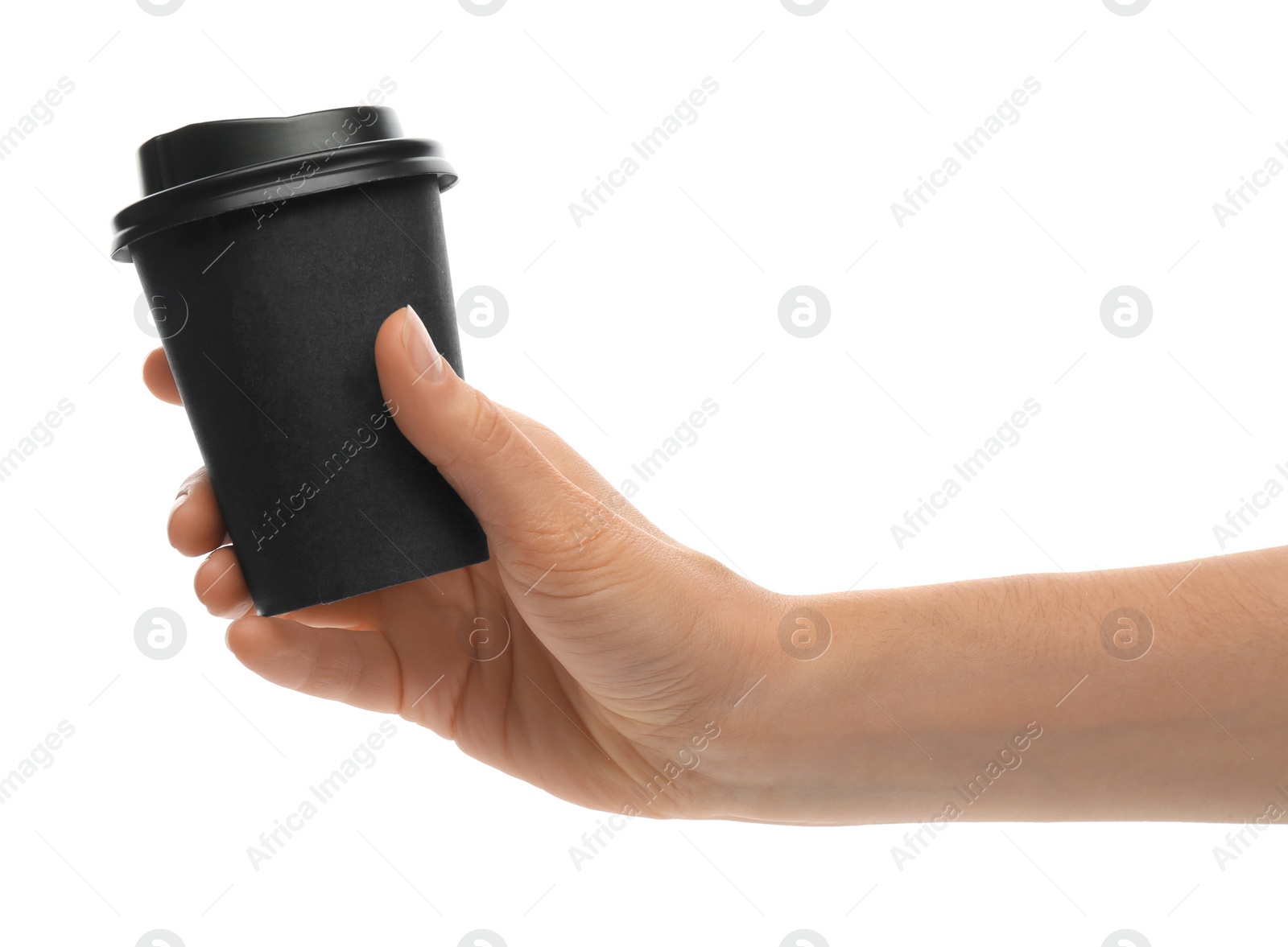 Photo of Woman holding takeaway paper coffee cup on white background