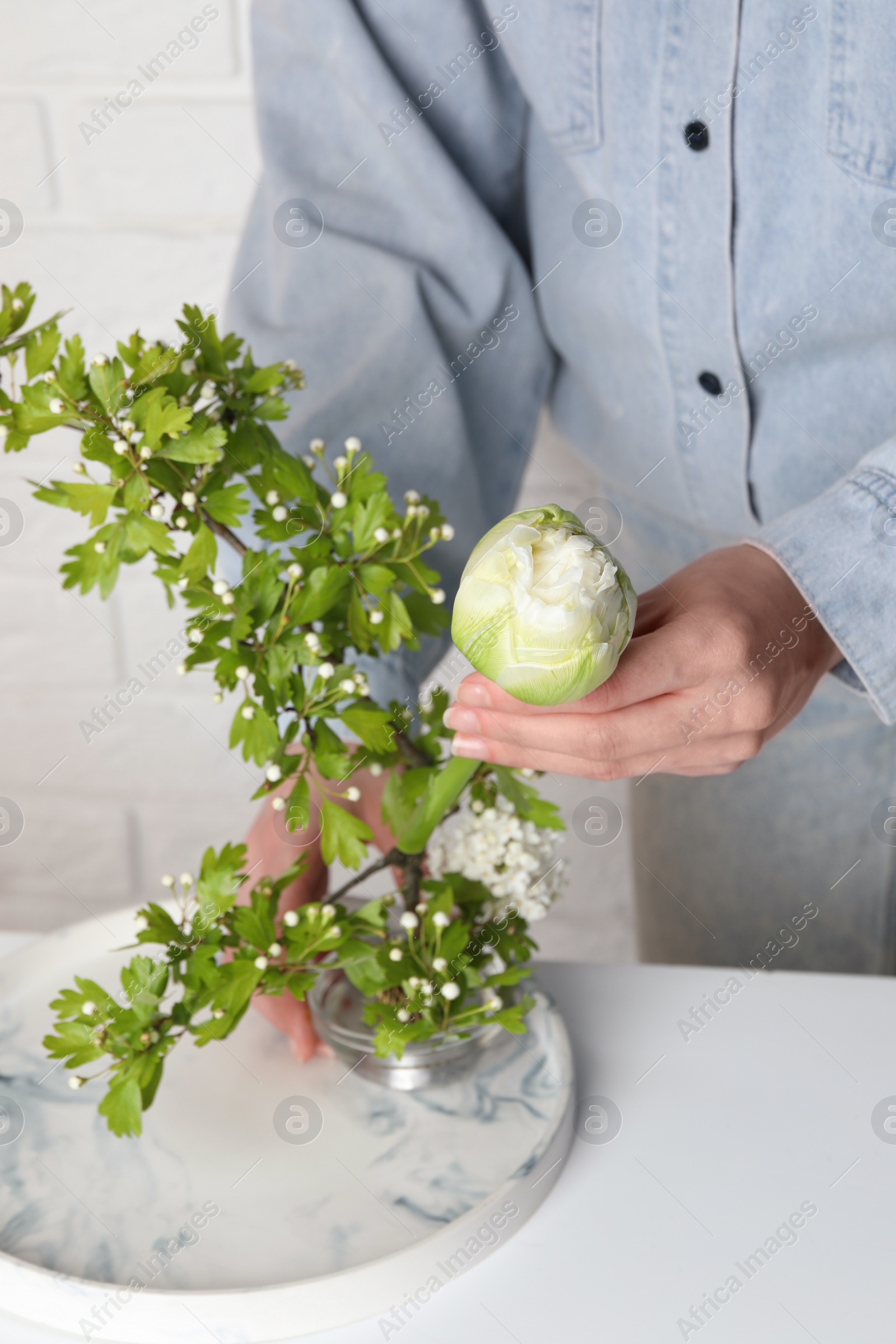 Photo of Beautiful ikebana for stylish house decor. Woman create floral composition with fresh tulip flower and blooming branches at white table, closeup