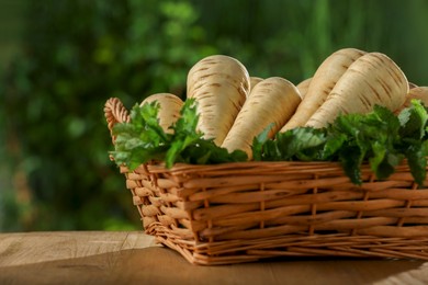 Photo of Wicker basket with delicious fresh ripe parsnips on wooden table outdoors