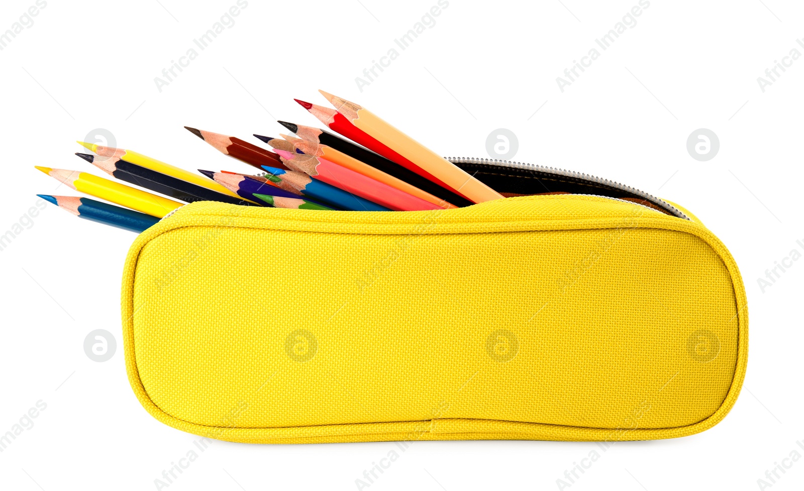 Photo of Case full of color pencils on white background