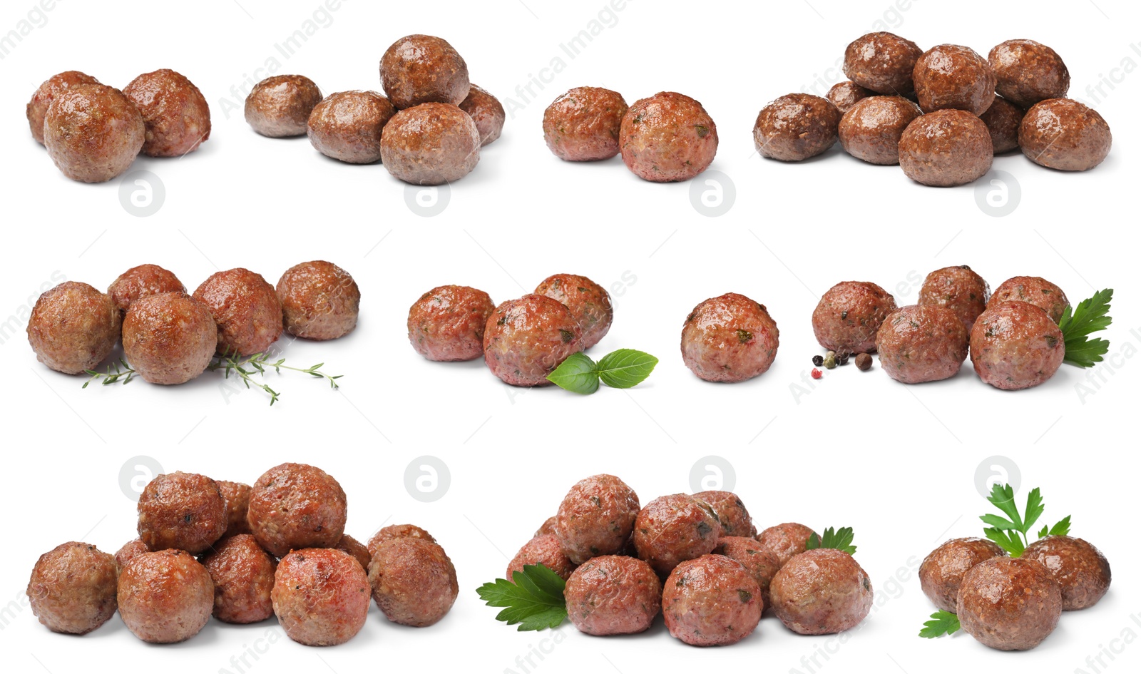 Image of Set with tasty cooked meatballs on white background