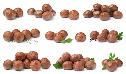 Set with tasty cooked meatballs on white background