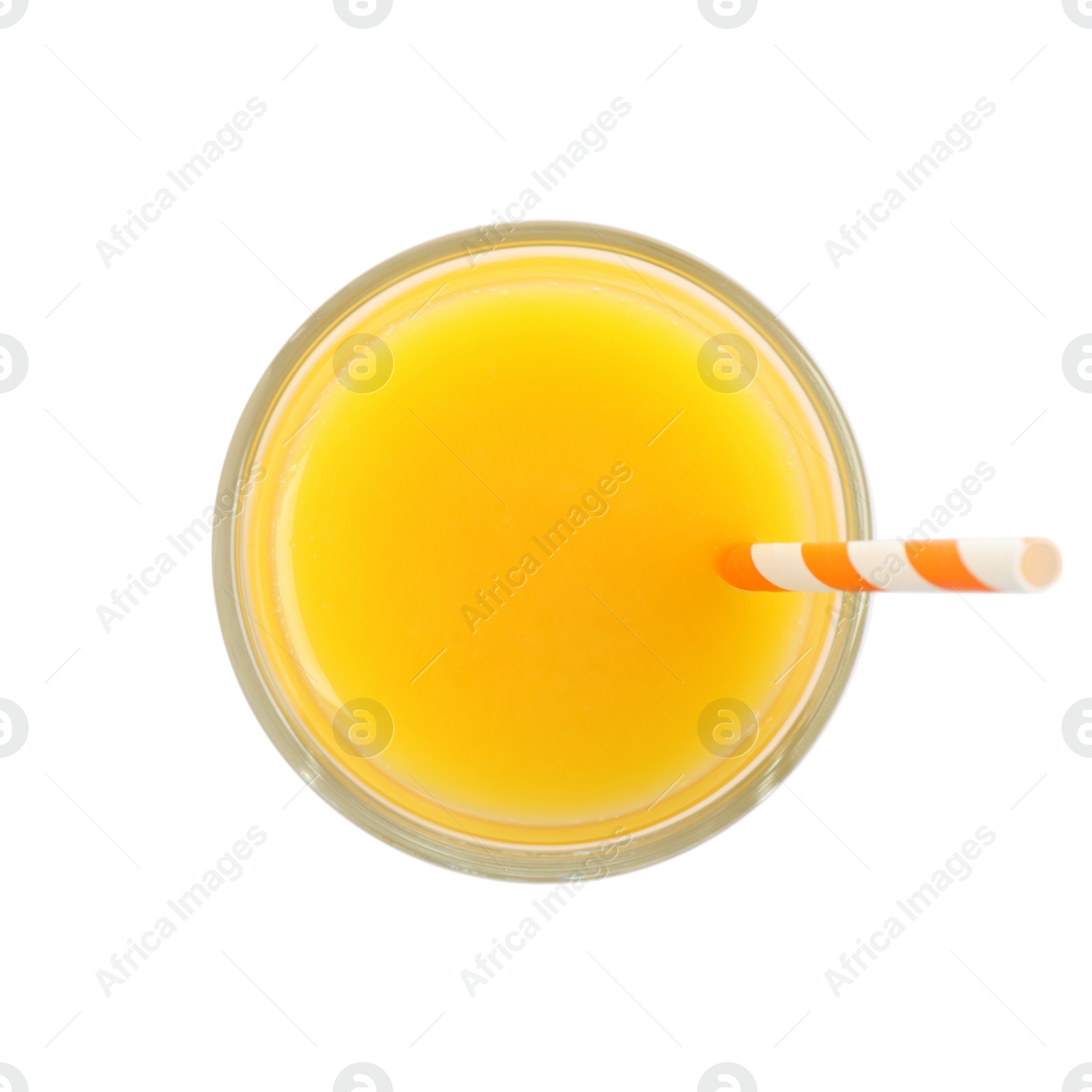 Photo of Tasty orange juice in glass isolated on white, top view