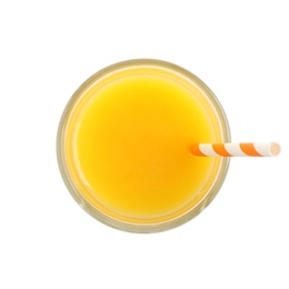 Photo of Tasty orange juice in glass isolated on white, top view