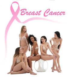 Breast cancer awareness. Group of women in underwear on white background