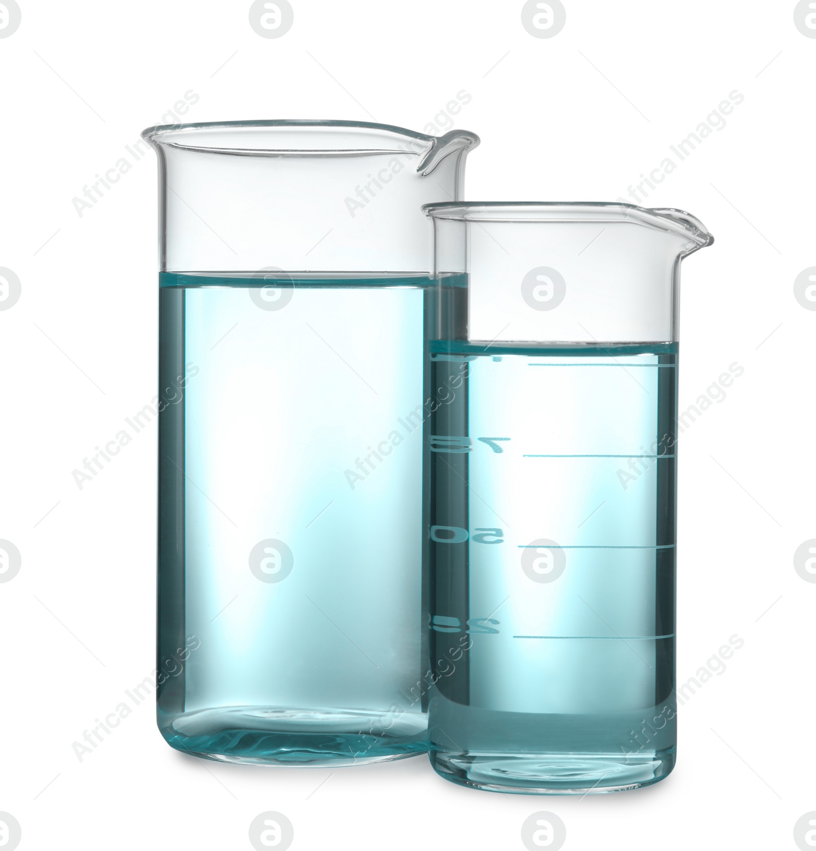 Image of Beaker with cyan liquid isolated on white. Laboratory glassware