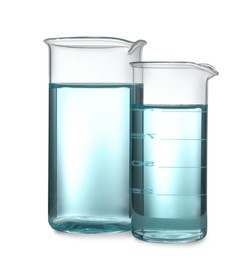 Image of Beaker with cyan liquid isolated on white. Laboratory glassware