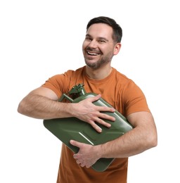 Photo of Man holding khaki metal canister on white background