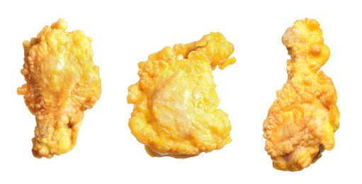 Set of fresh fried chicken on white background