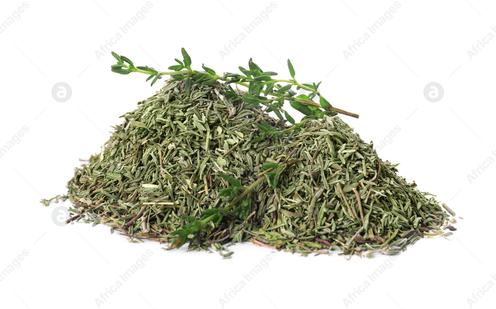 Photo of Pile of dried thyme and fresh herb isolated on white