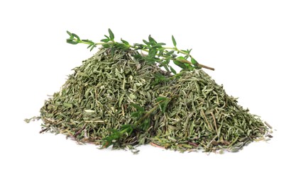 Photo of Pile of dried thyme and fresh herb isolated on white