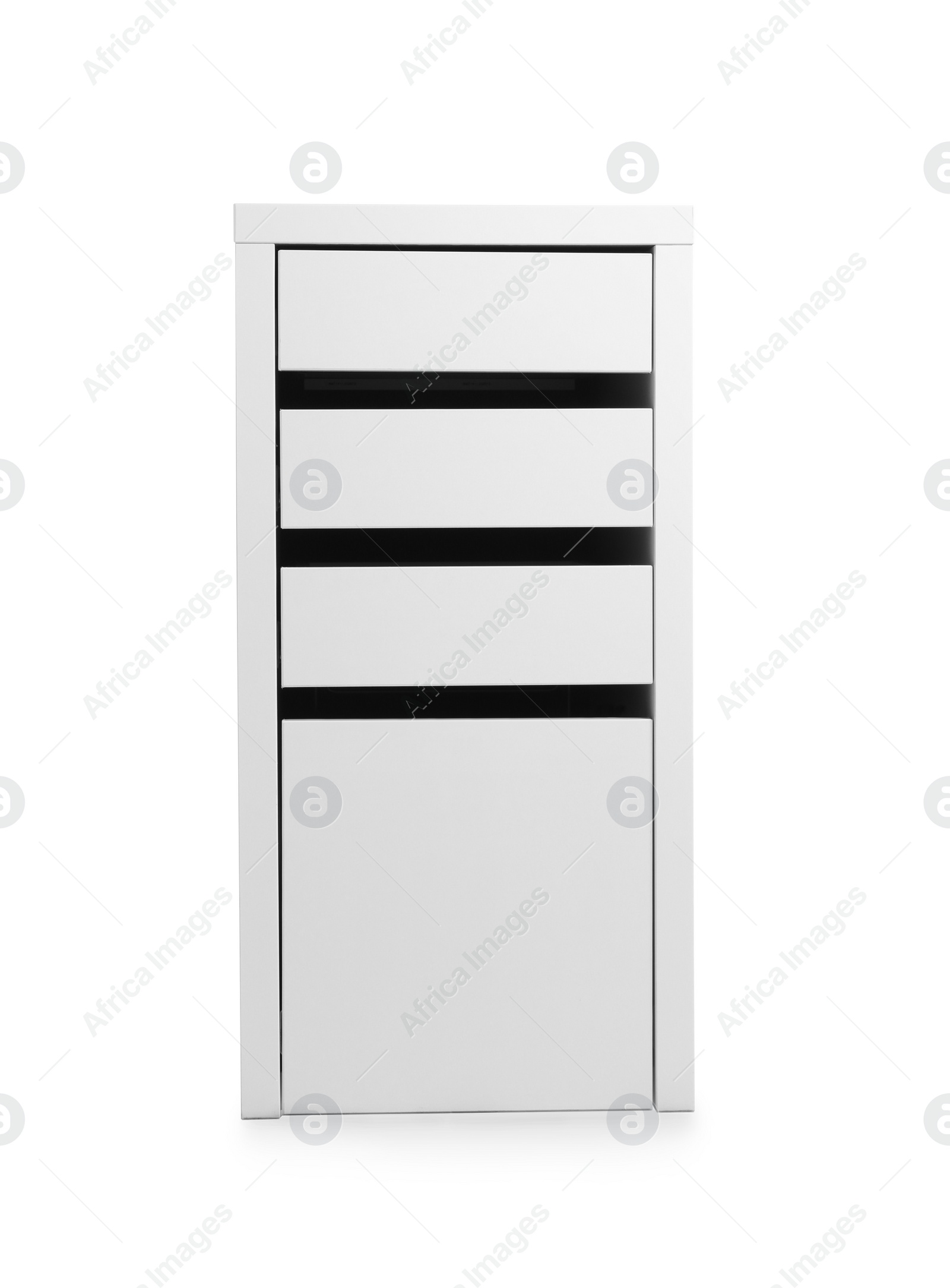 Photo of Stylish drawer unit with wheels isolated on white