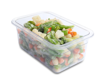 Photo of Frozen vegetables in plastic container isolated on white