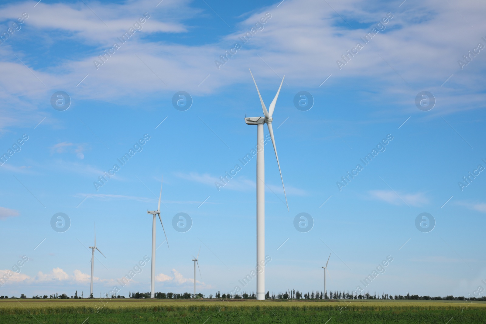 Photo of Beautiful view of field with wind turbines. Alternative energy source