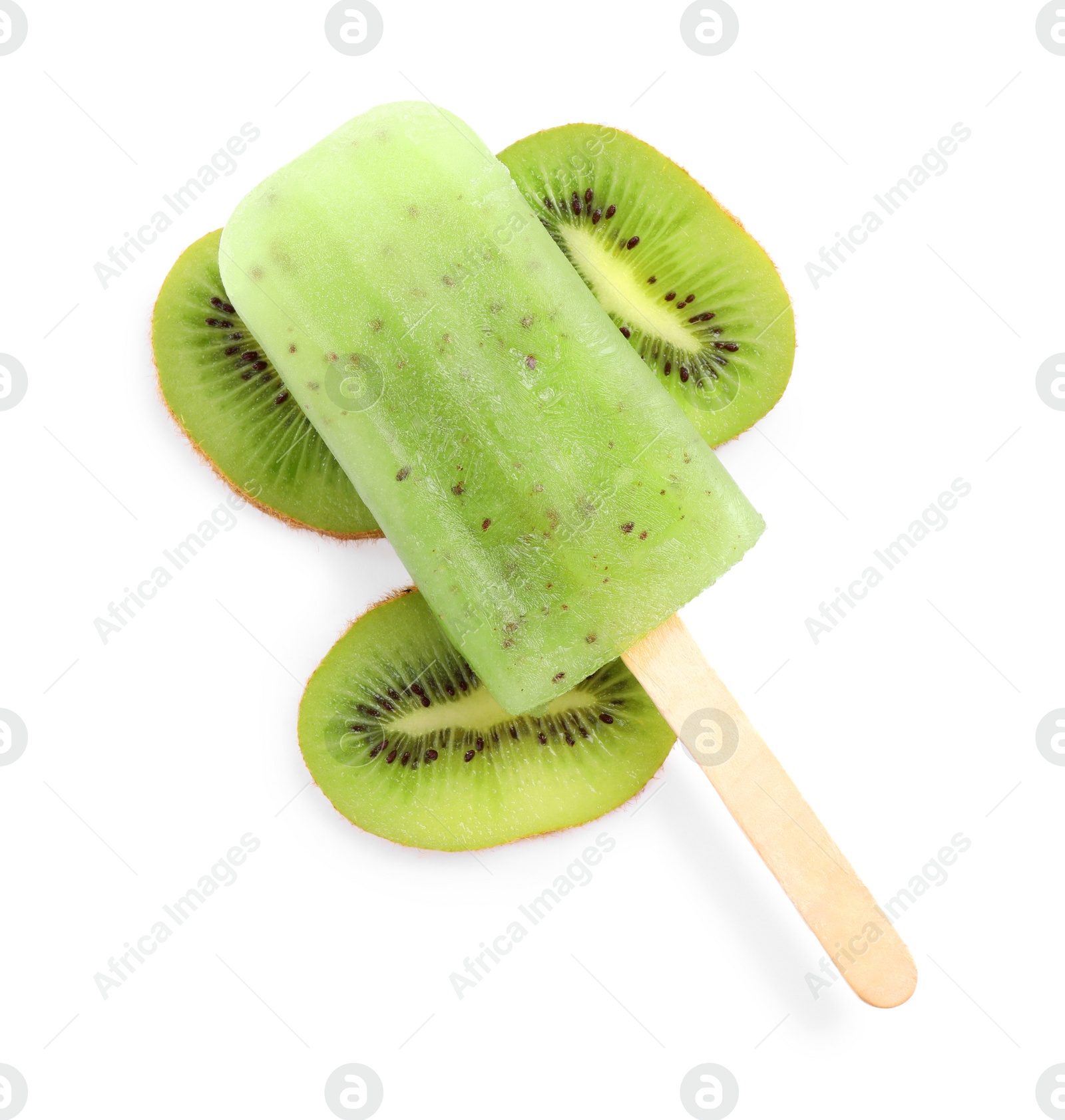 Photo of Tasty kiwi ice pop isolated on white, top view. Fruit popsicle