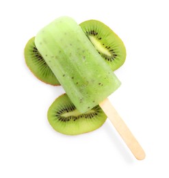 Photo of Tasty kiwi ice pop isolated on white, top view. Fruit popsicle