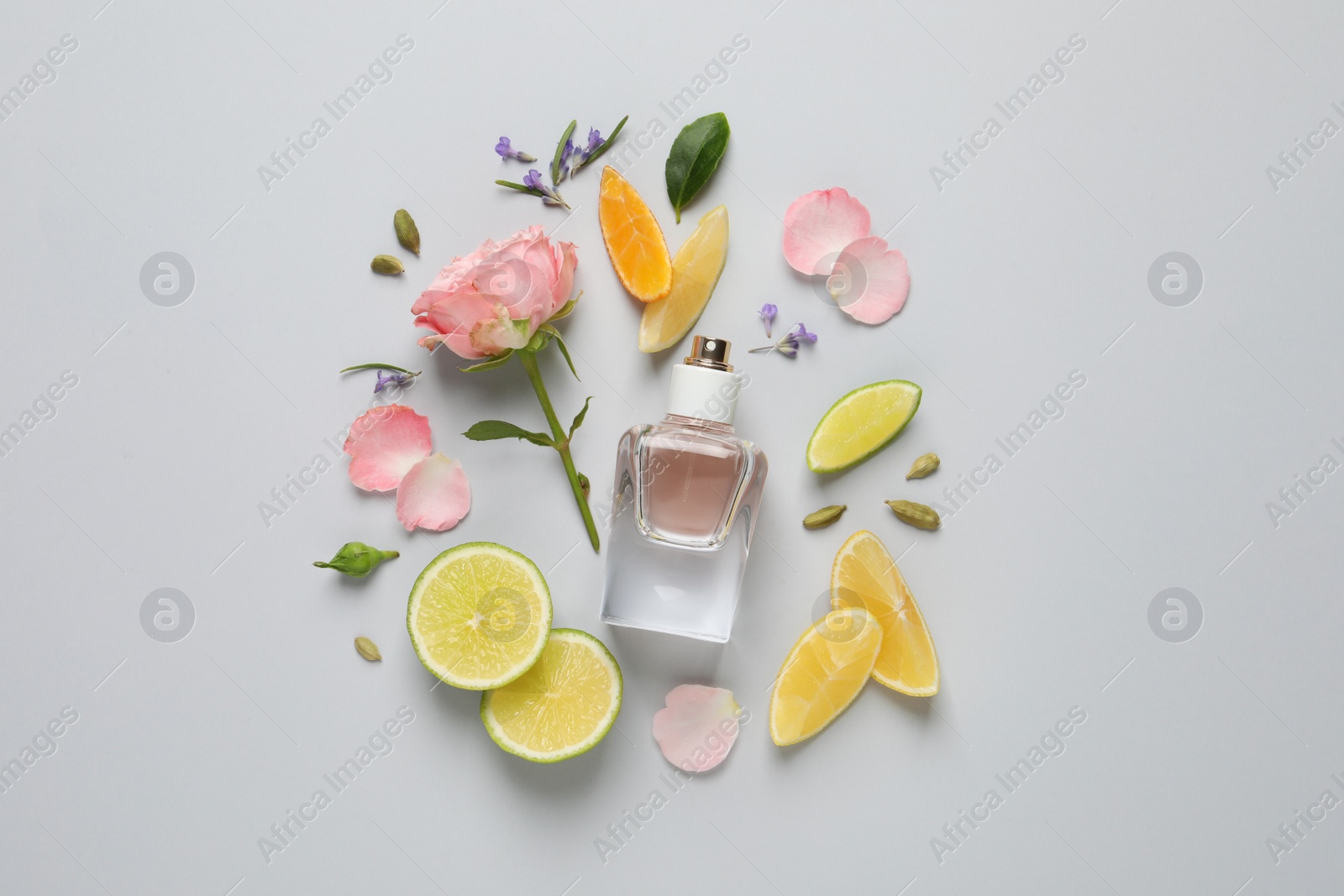 Photo of Flat lay composition with bottle of perfume and fresh citrus fruits on light grey background