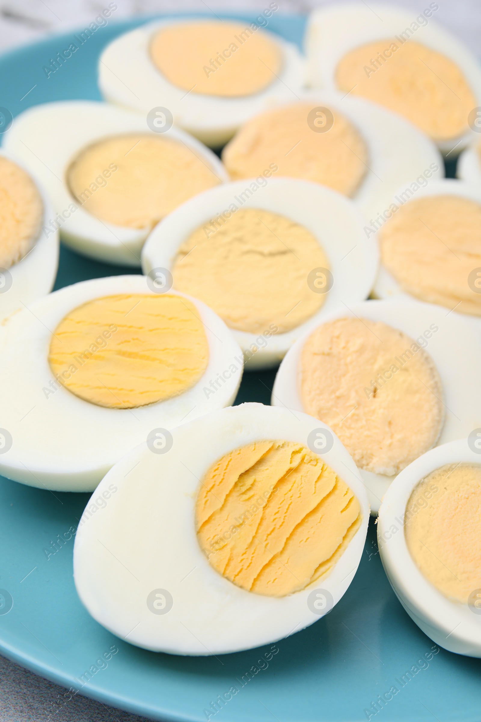 Photo of Plate with fresh hard boiled eggs, closeup