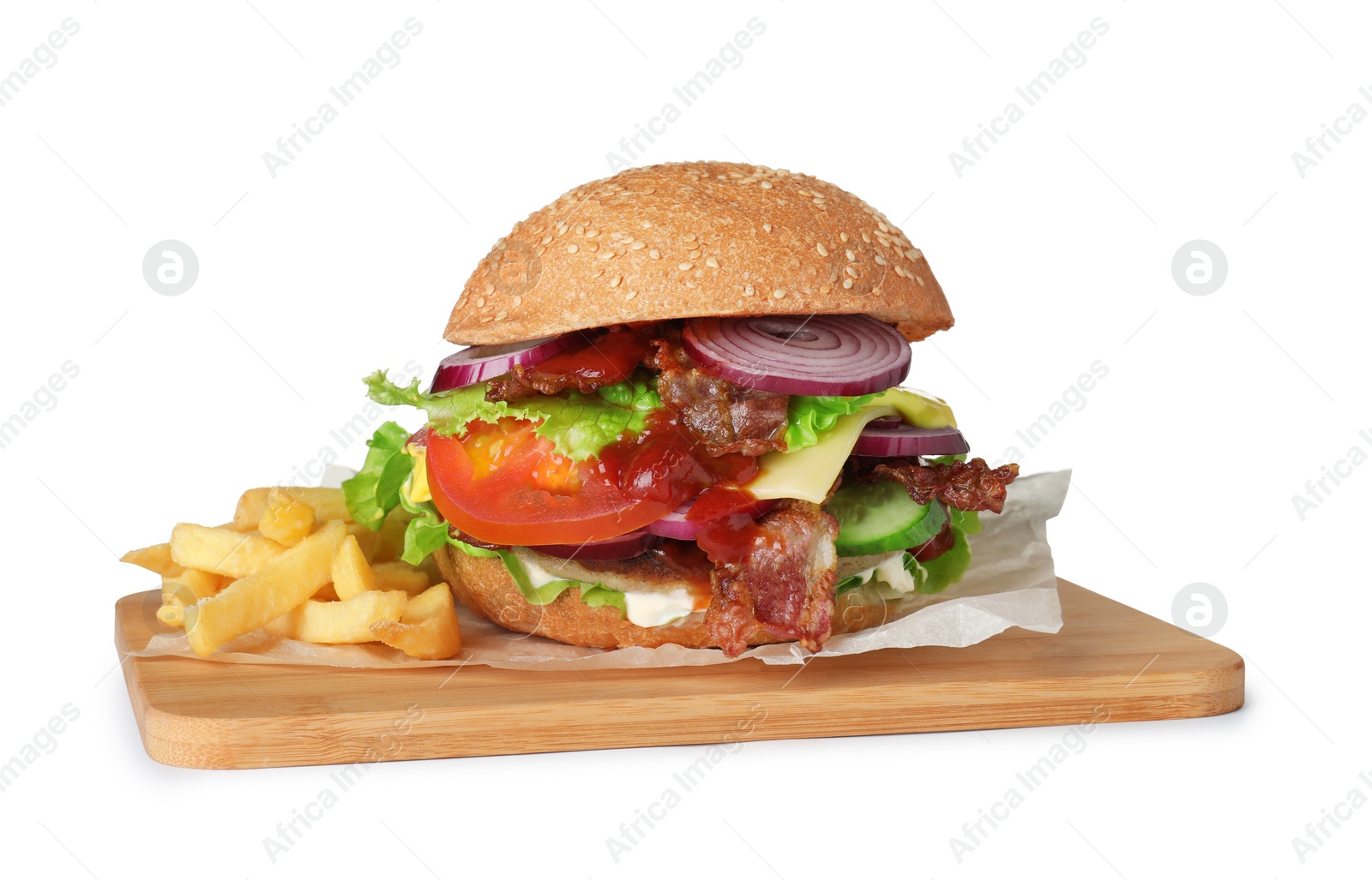 Photo of Wooden board with beef burger and french fries isolated on white