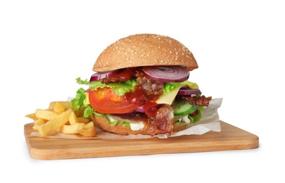 Photo of Wooden board with beef burger and french fries isolated on white