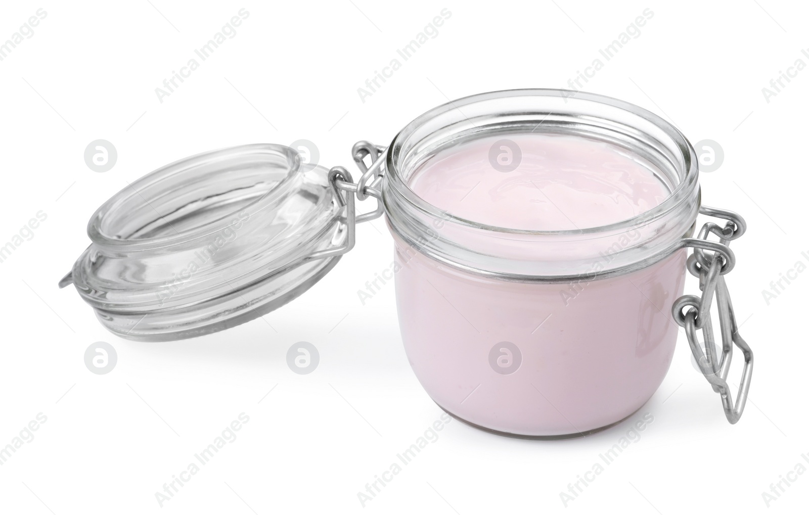 Photo of Jar of tasty organic yogurt isolated on white