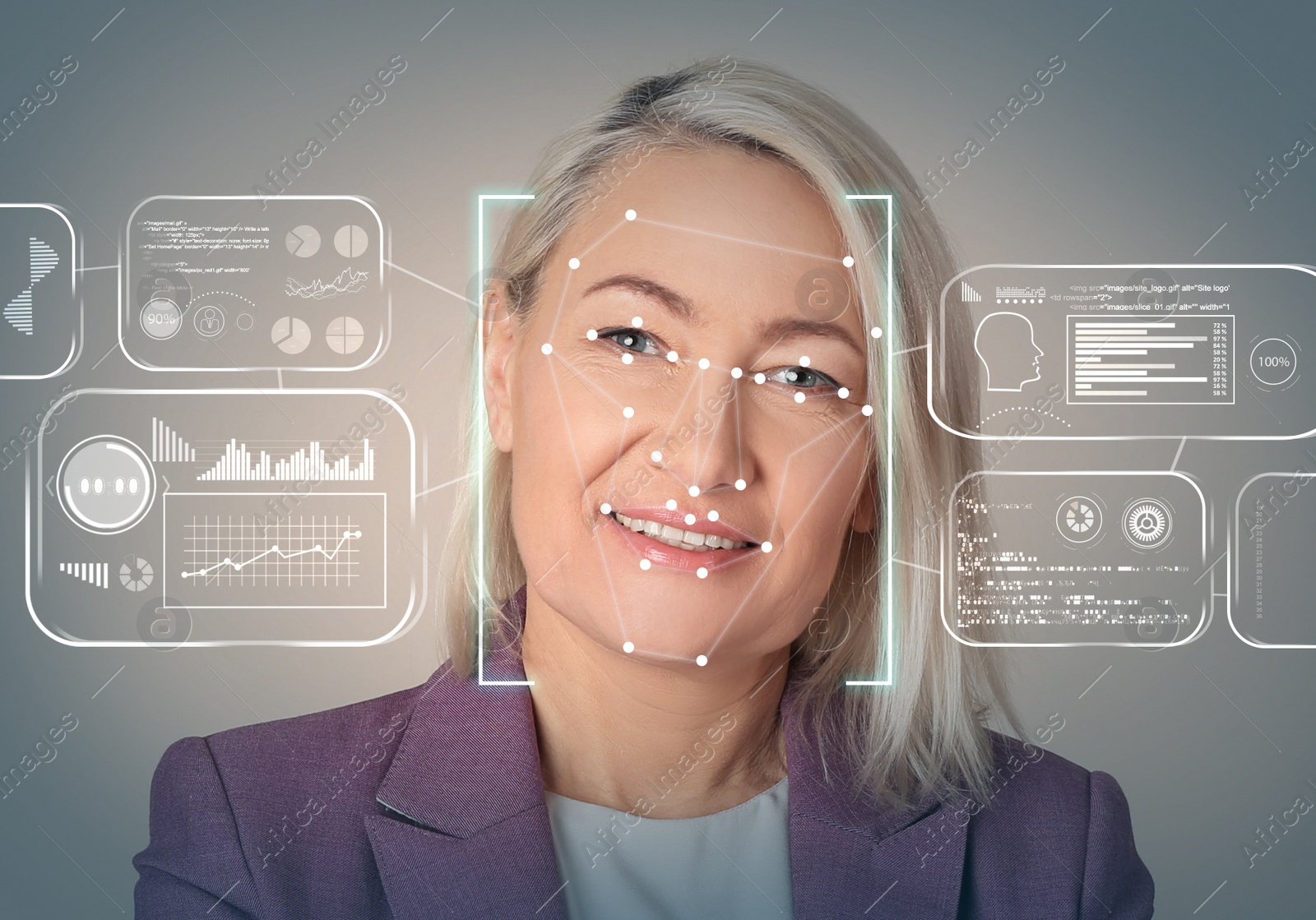 Image of Facial recognition system. Woman with scanner frame on face and information