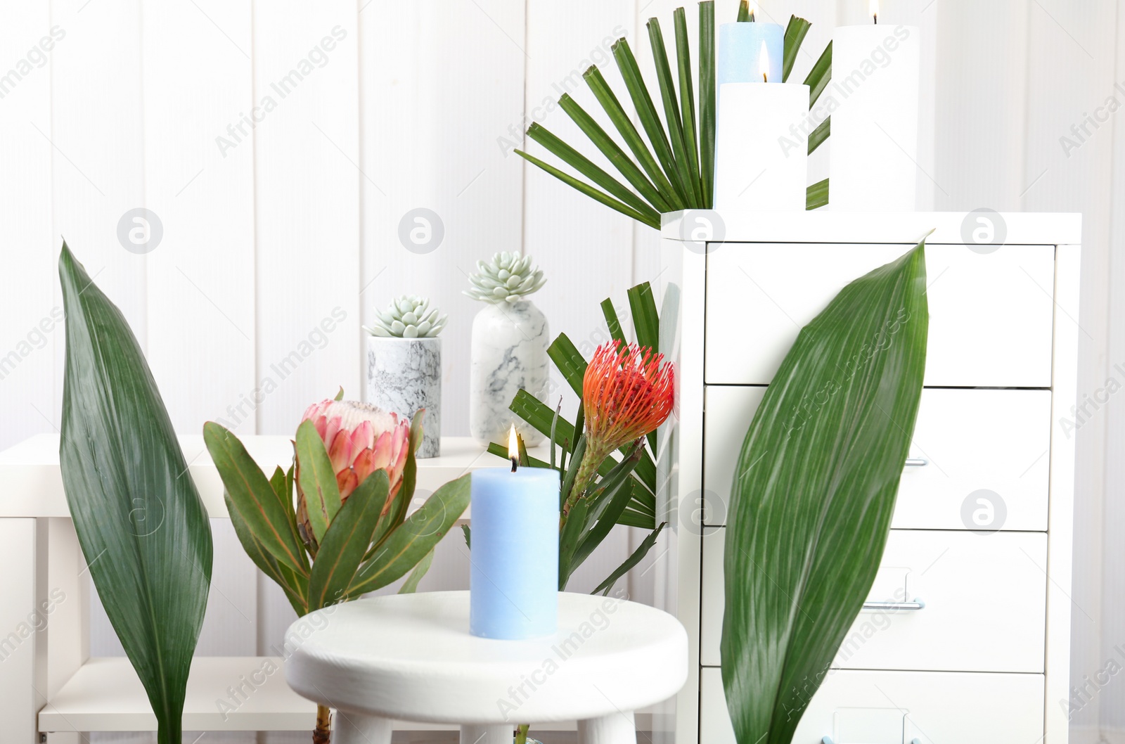 Photo of Creative composition with candle and tropical plants indoors