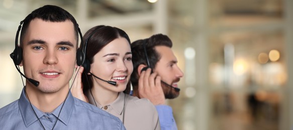 Image of Hotline operators with headsets in office, space for text. Banner design