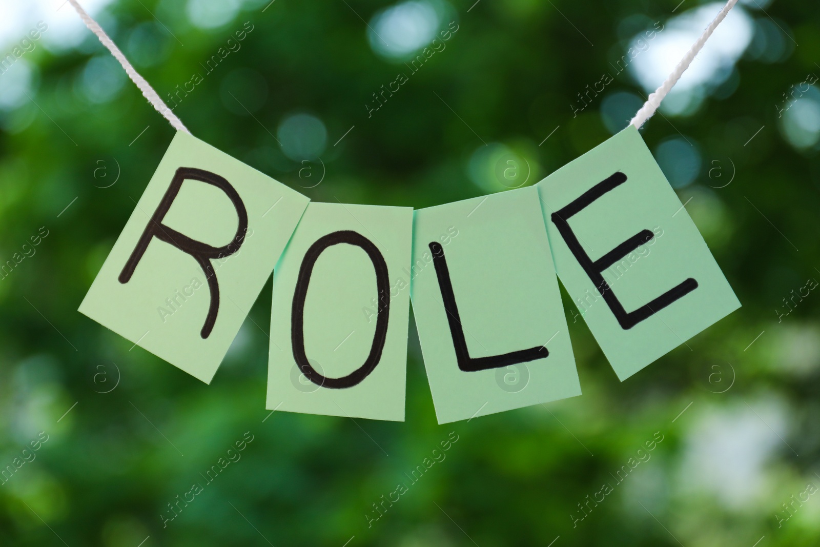 Photo of Notes with word Role hanging on blurred background